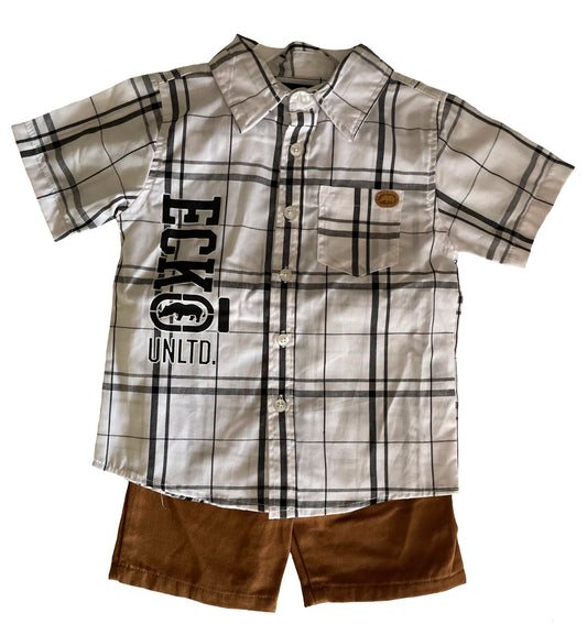 Plaid "Ecko" Shirt and Brown Pants Boy Set